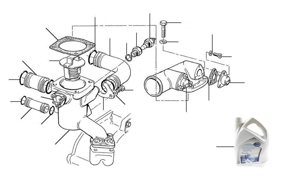 Thermostat, housing en transmitters 30000-42000 corniche solex - VIN 30000 till 42000 (corniche, solex carburetor)